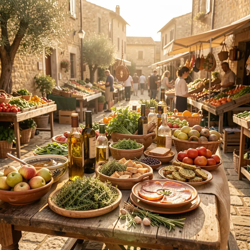 Étal de marché provençal avec huile d'olive, herbes séchées, tomates, melons et olives au soleil